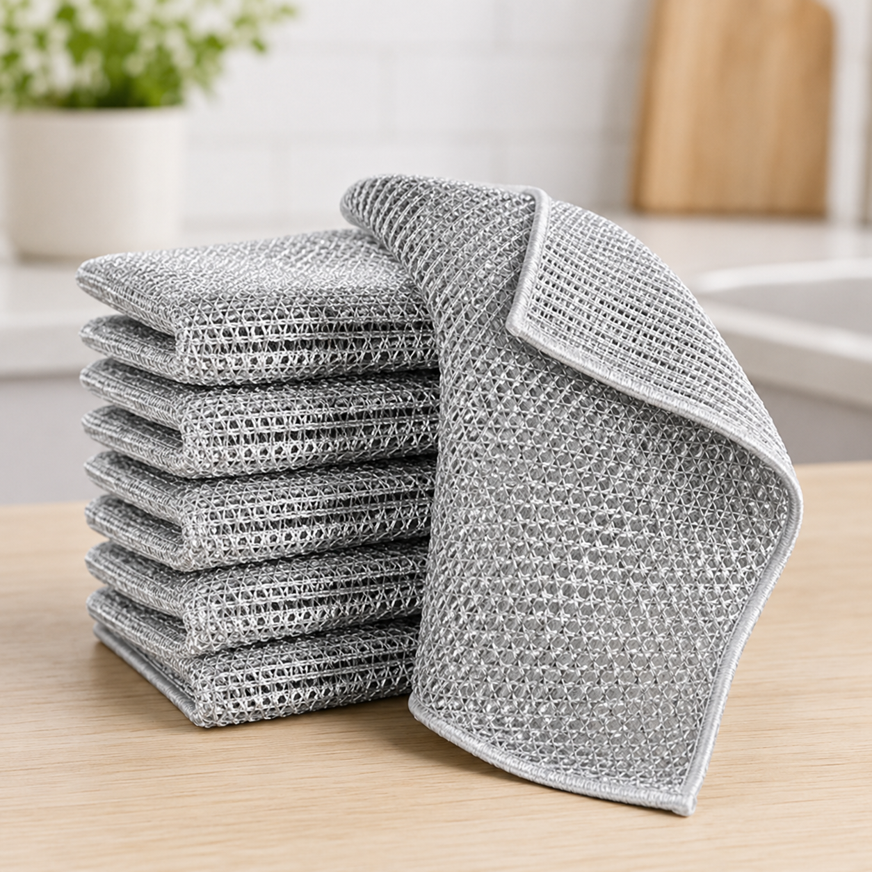 Thickened Silver Mesh Kitchen Scrub Cloth – Reusable Non-Metal Dishwashing Towel for Grease, Pots, Pans & Stovetops