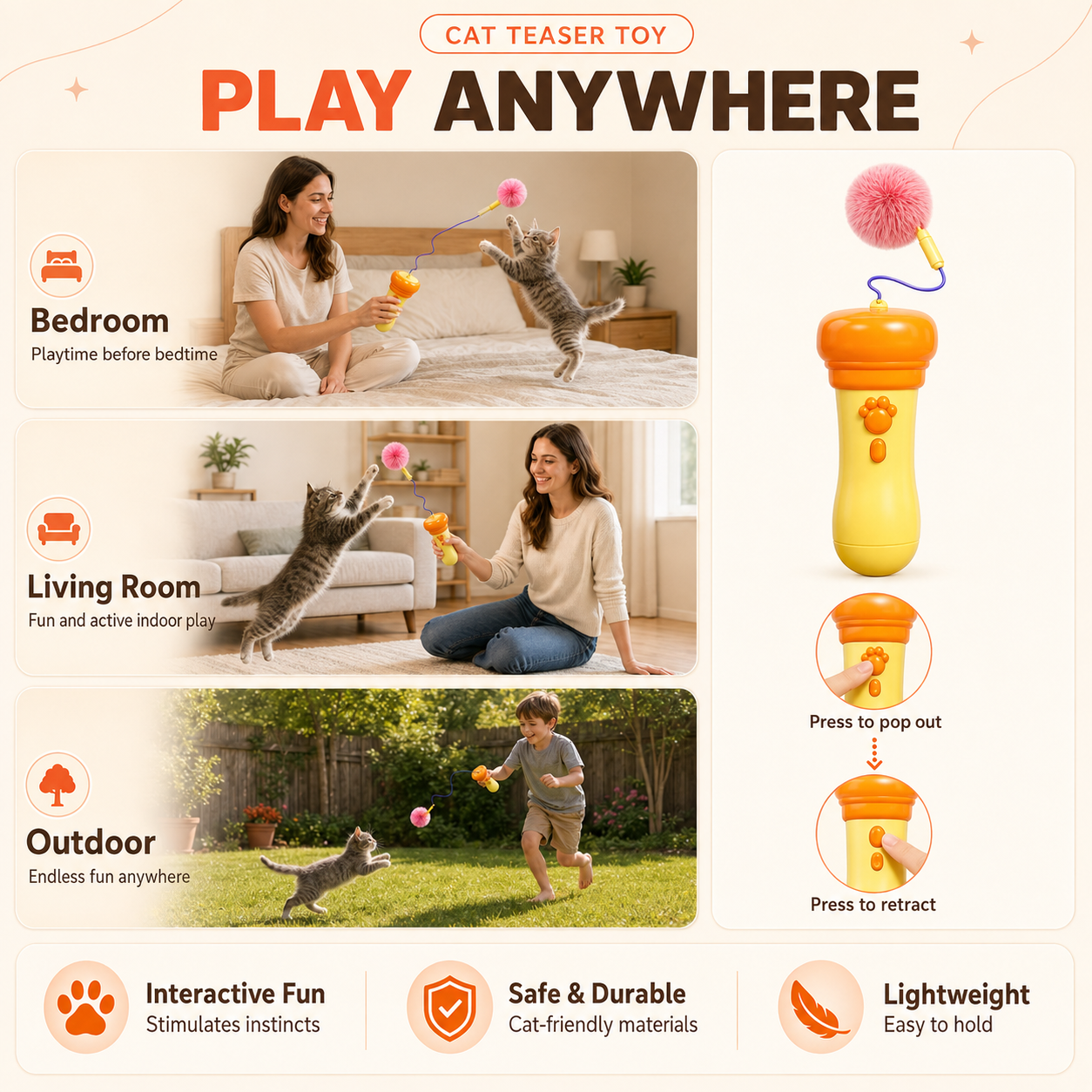 Electric Cat Wand Toy for Indoor Cats, 2026 New Interactive Automatic Retractable Cat Teaser with Plush Ball