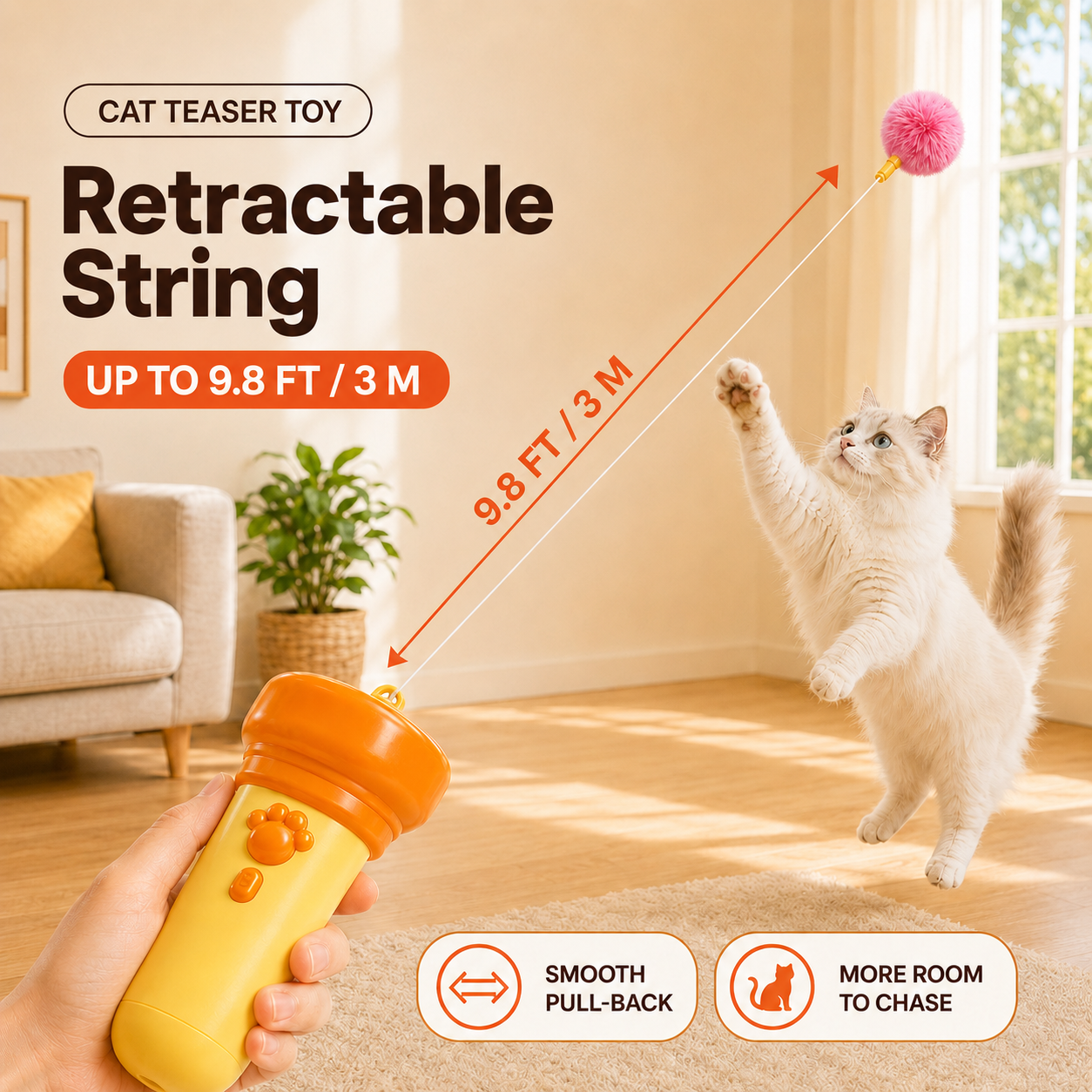 Electric Cat Wand Toy for Indoor Cats, 2026 New Interactive Automatic Retractable Cat Teaser with Plush Ball