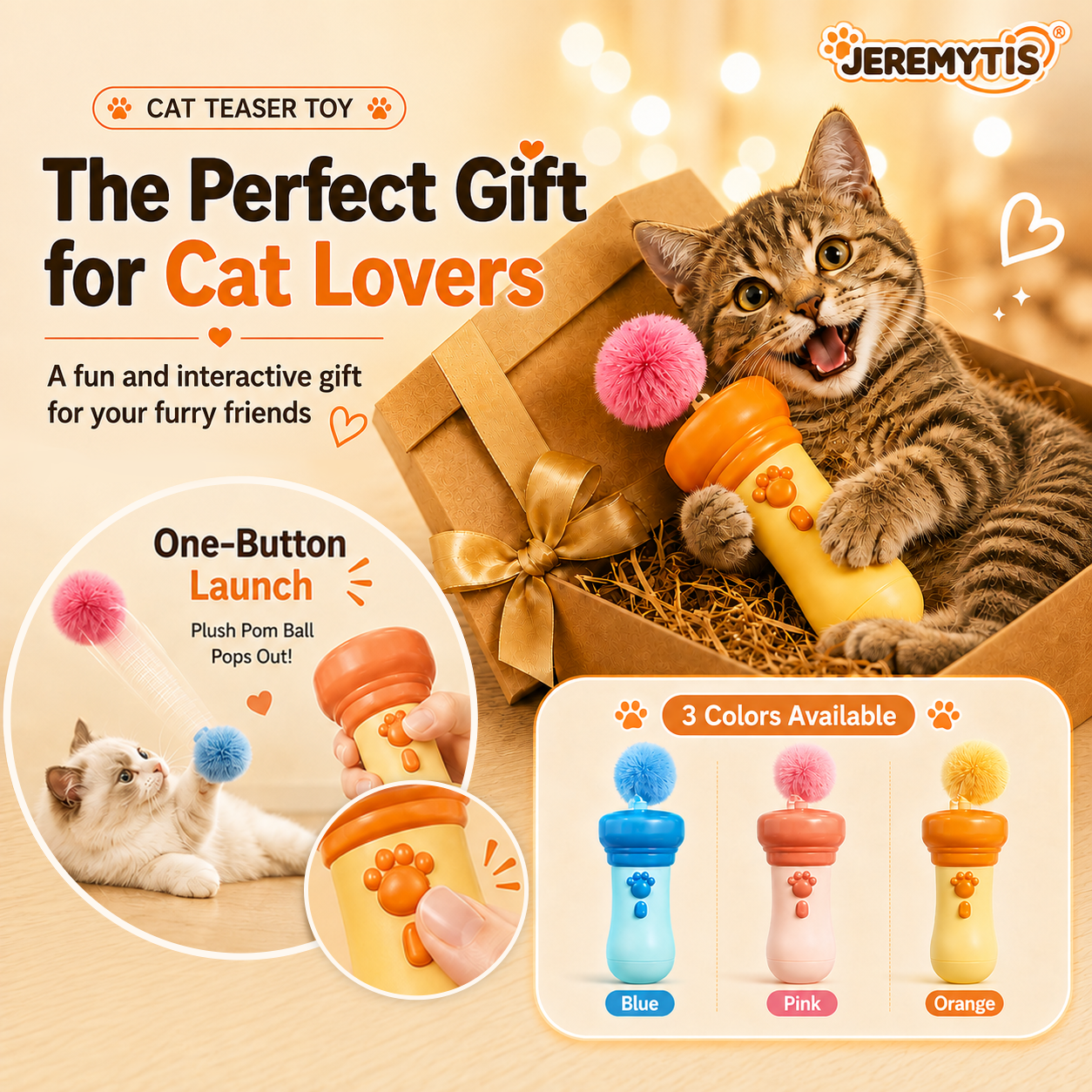 Electric Cat Wand Toy for Indoor Cats, 2026 New Interactive Automatic Retractable Cat Teaser with Plush Ball