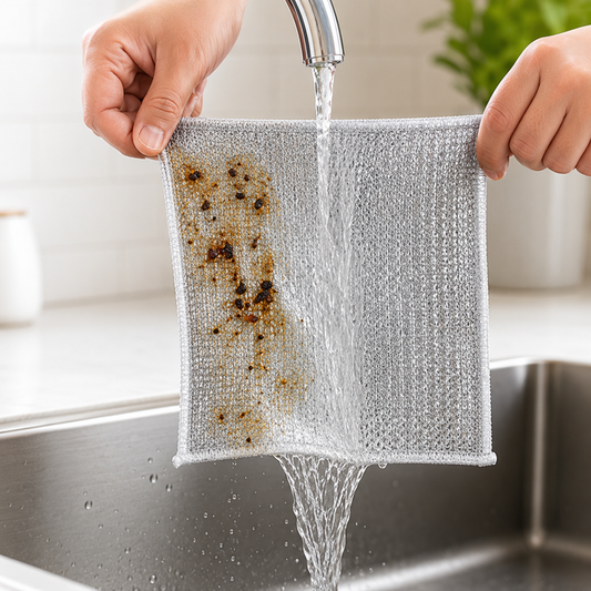 Thickened Silver Mesh Kitchen Scrub Cloth – Reusable Non-Metal Dishwashing Towel for Grease, Pots, Pans & Stovetops