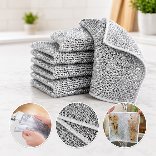 Thickened Silver Mesh Kitchen Scrub Cloth – Reusable Non-Metal Dishwashing Towel for Grease, Pots, Pans & Stovetops