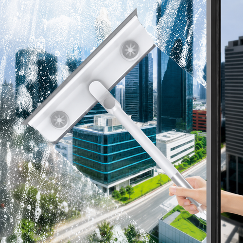 Extendable 2-in-1 Window Cleaning Squeegee – Rotating Microfiber Glass Cleaner with Silicone Scraper for High Windows, Mirrors & Shower Doors