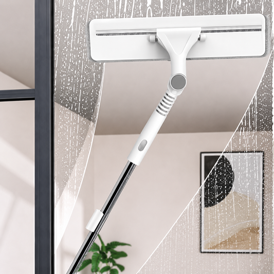 Extendable 2-in-1 Window Cleaning Squeegee – Rotating Microfiber Glass Cleaner with Silicone Scraper for High Windows, Mirrors & Shower Doors