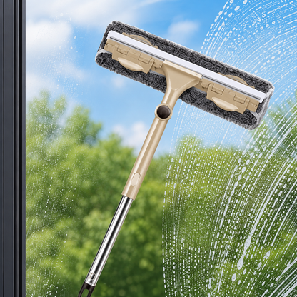 Extendable 2-in-1 Window Cleaning Squeegee – Rotating Microfiber Glass Cleaner with Silicone Scraper for High Windows, Mirrors & Shower Doors
