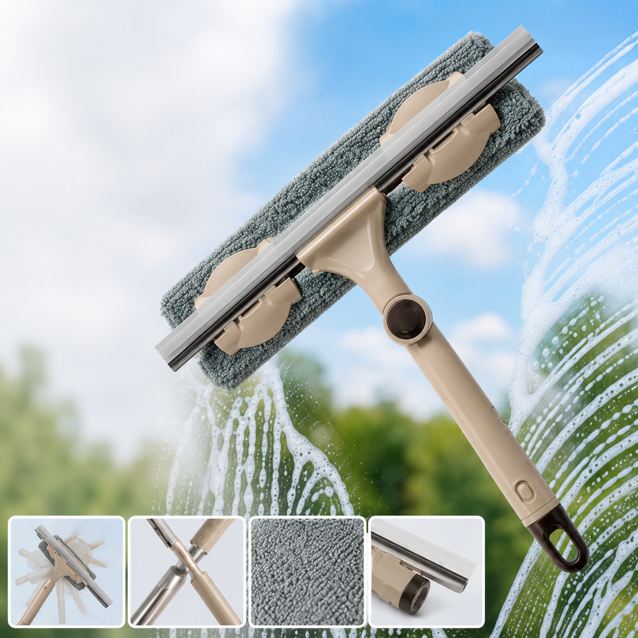 Extendable 2-in-1 Window Cleaning Squeegee – Rotating Microfiber Glass Cleaner with Silicone Scraper for High Windows, Mirrors & Shower Doors